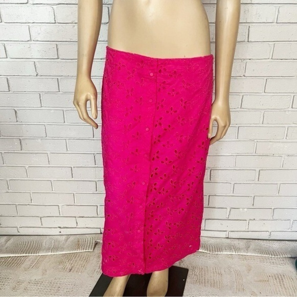 J.Crew Floral Eyelet Button Front Midi Skirt Straight Pencil Summer Pink | 10